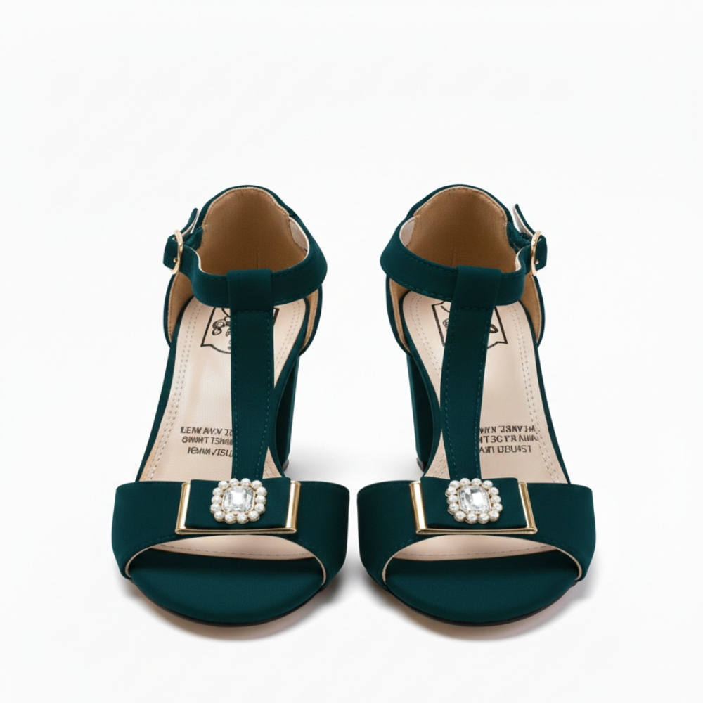 Green T Strap Block Heel Sandals with Decorative Buckle Detai
